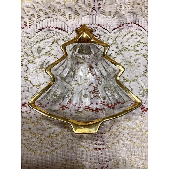 Vintage Christmas Tree Shaped Trinket Dish Clear Glass with Gold Trim - Picture 3 of 7